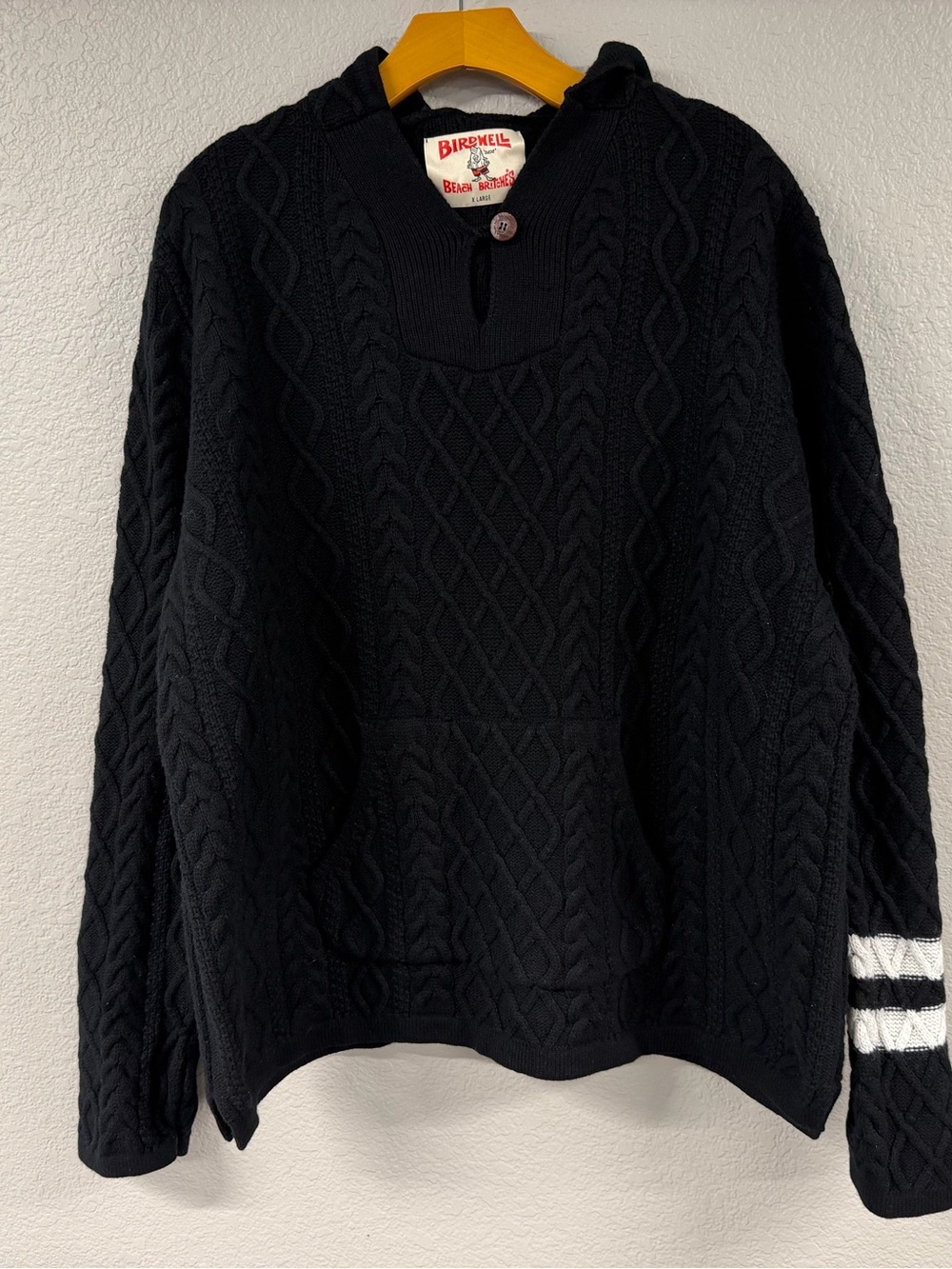 Birdwell Black Cable Knit Hooded Sweater with White Sleeve Stripes